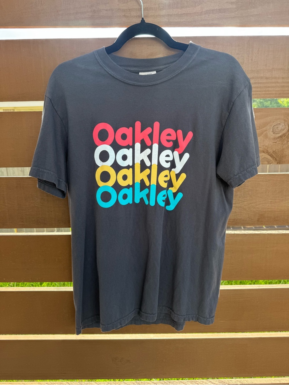 Oakley Black Tee with Multicolor Logo Stack vintage